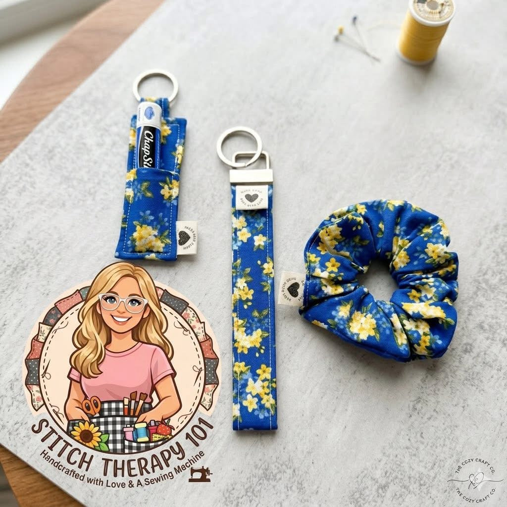 Wristlet Keychain, Chapstick Holder, & Scrunchie Bundle - Matching Floral Set