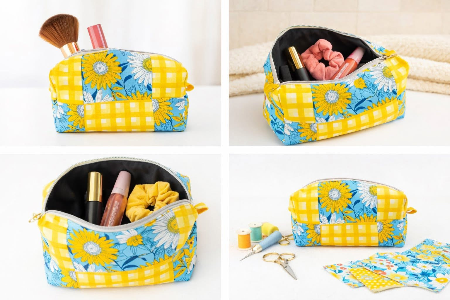 Sunny Patchwork Zipper Pouch | Handmade Sunflower & Gingham Makeup Bag