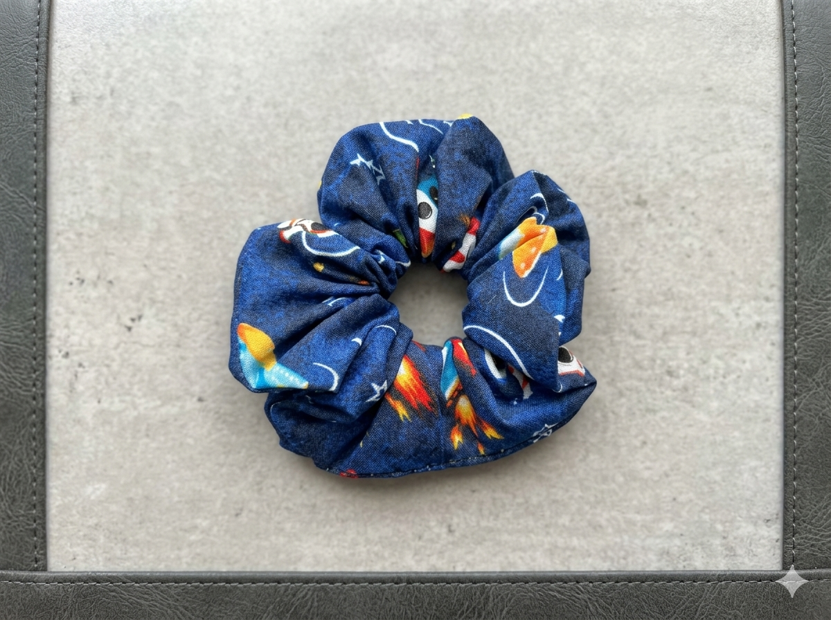 Blast Off! 🚀 Rocket Ship & Astronaut Hair Scrunchie | Handmade Space Fabric Hair Tie
