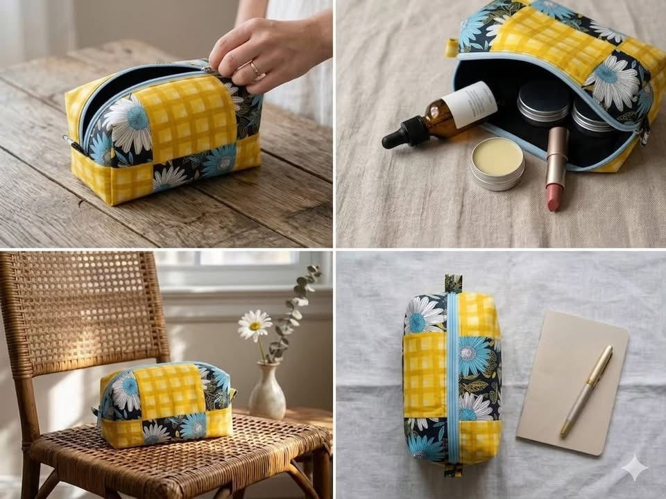 Midnight Blue & Gingham Patchwork Pouch | Handmade Zippered Box Bag