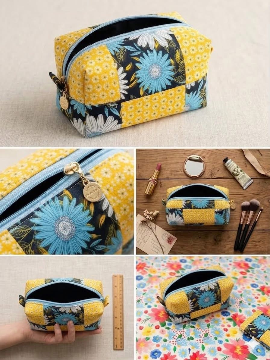 Sunny Sunflower Boxy Pouch | Handmade Patchwork Makeup Bag