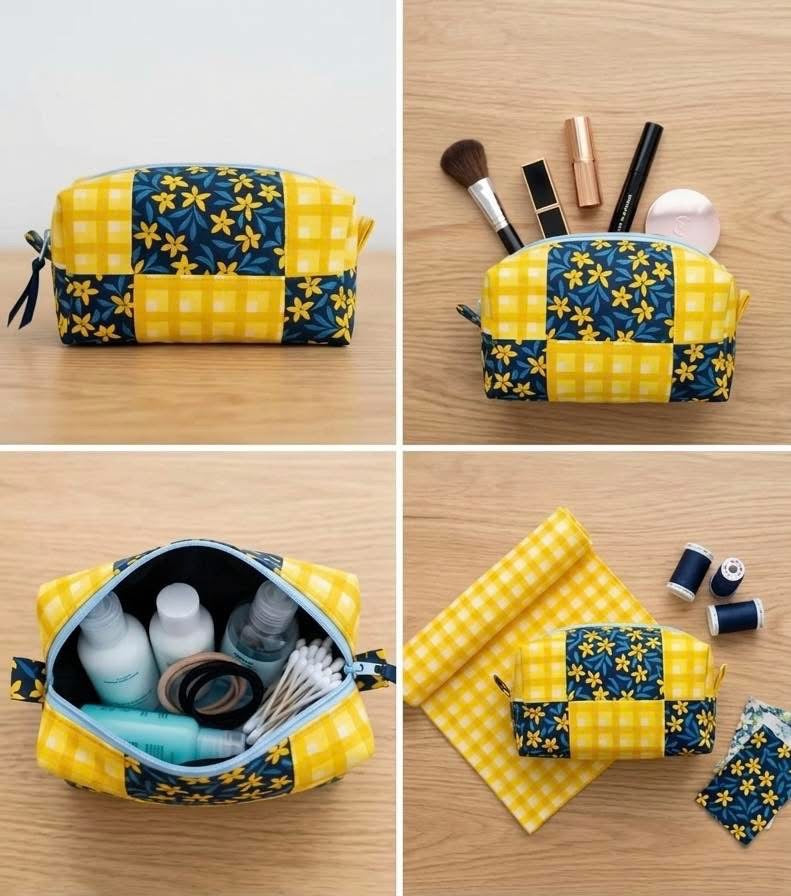 Navy Floral & Yellow Gingham Patchwork Pouch | Handmade Toiletry & Skincare Bag