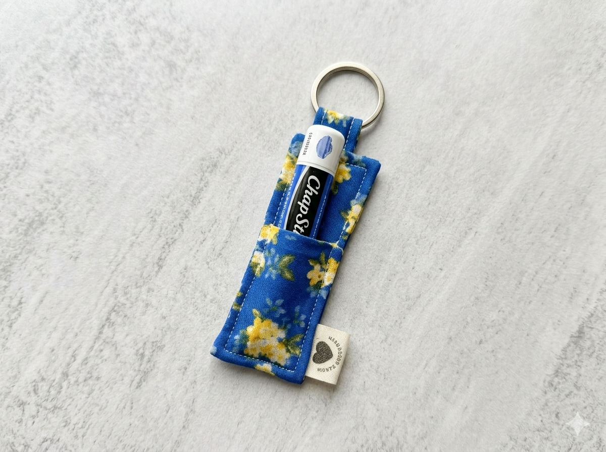 No-Dig ChapStick Holder Keychain | Blue Floral Fabric Lip Balm Sleeve