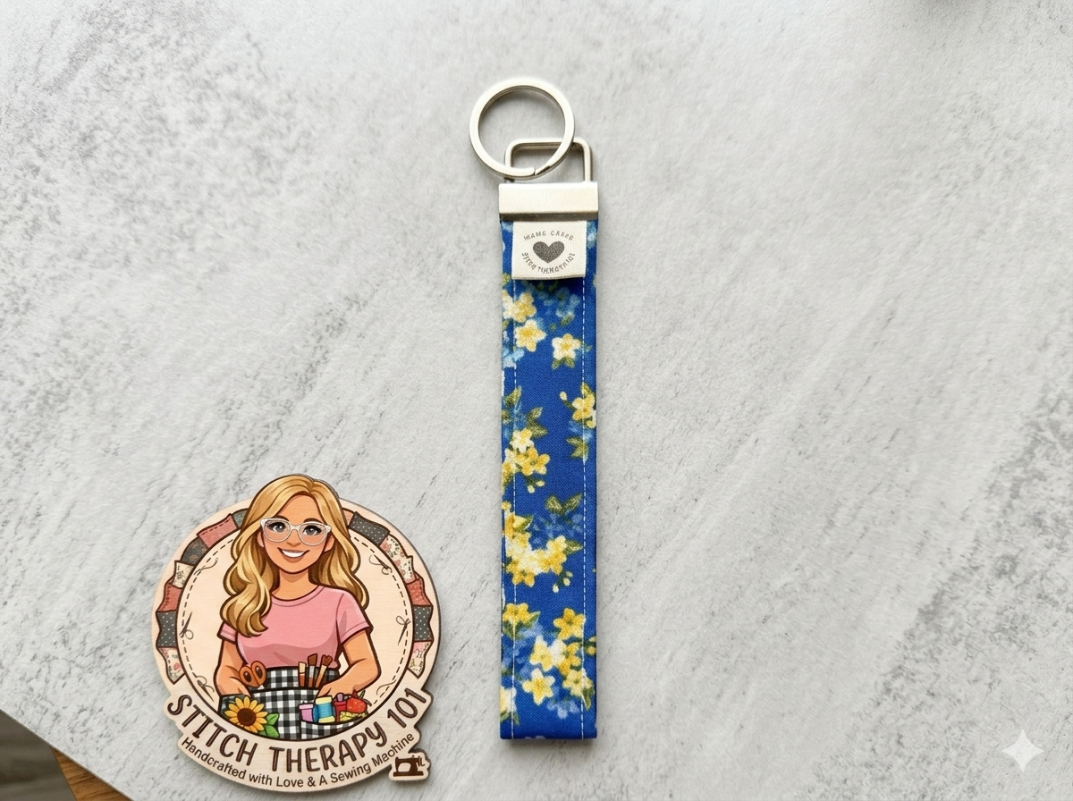 Blue Meadow Wristlet Key Fob | Handmade Floral Fabric Keychain