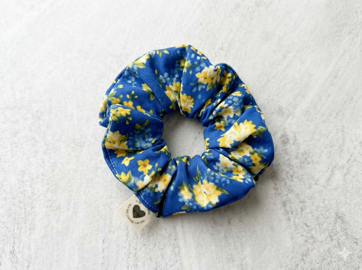 Soft Blue Meadow Hair Scrunchie | Handmade Floral Fabric Hair Tie