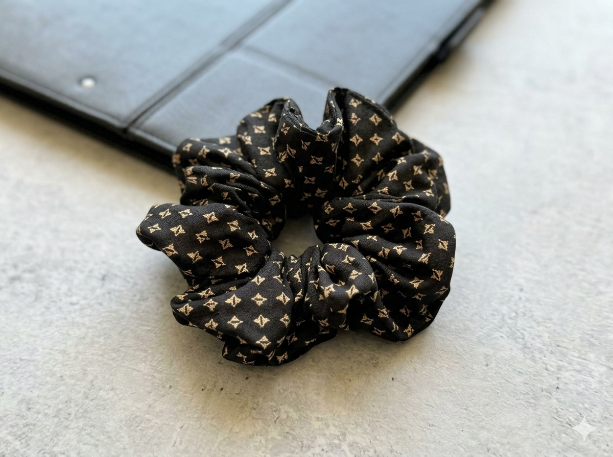 Celestial Chic ✨ Black and Gold Star Scrunchie | Handmade Fabric Hair Tie