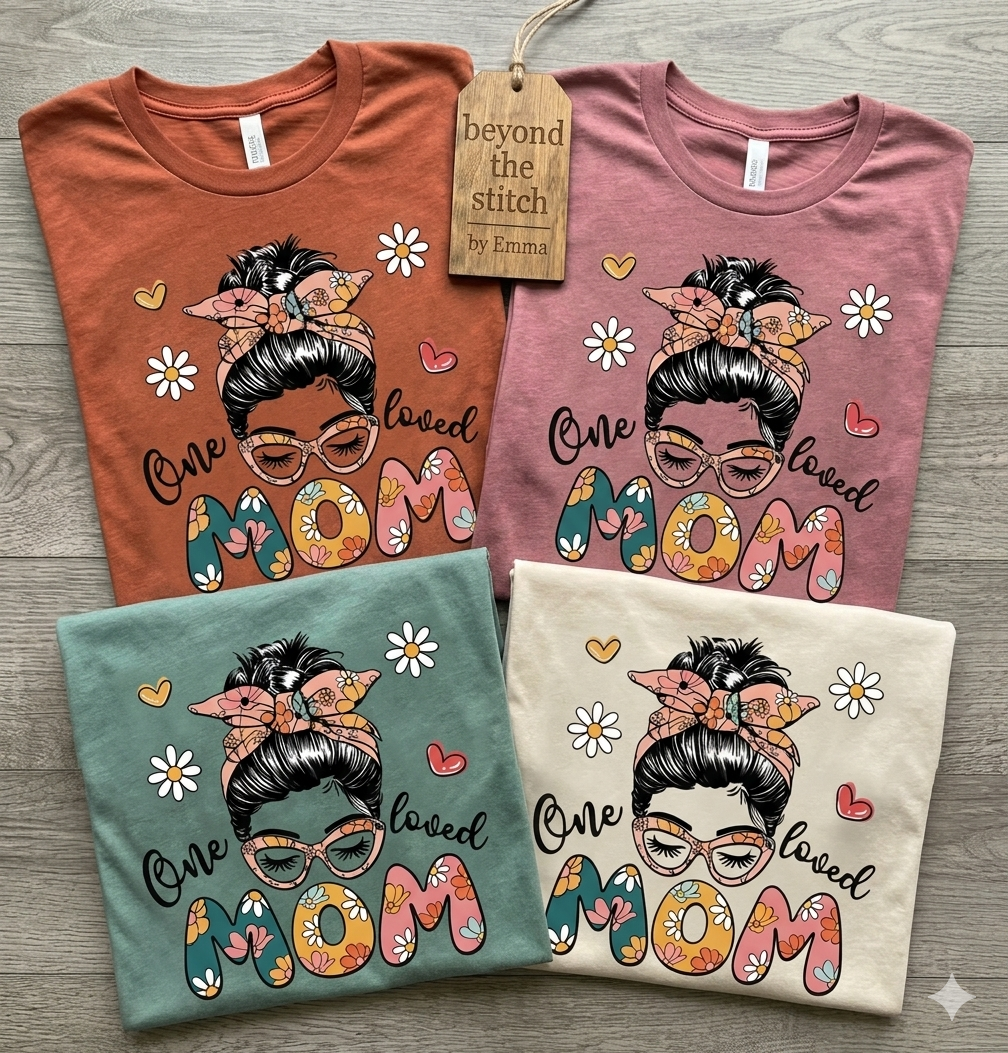 One Loved Mom Graphic Tee – Retro Floral Mama Shirt with Messy Bun Design | Beyond the Stitch by Emma